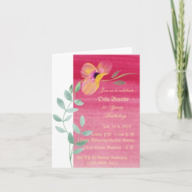 Elegant rosa blommigt 50 Bold inbjudan till födels (Framsida)