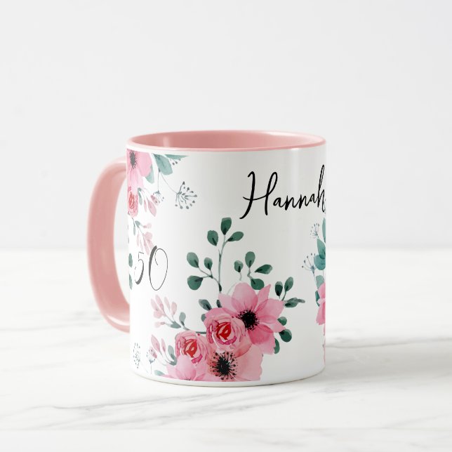 Elegant Rosa Blommigt 50:e födelsedagen 2-tona Nam Mugg (Framsida vänster)
