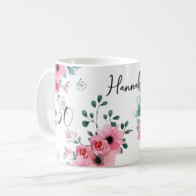 Elegant Rosa Blommigt 50:e Personligen på födelsed Kaffemugg (Framsida vänster)