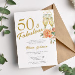 Elegant rosa blommigt 50 fantastiska 50-årsdagen inbjudningar<br><div class="desc">Modern faux trendig calligraphy-skript 50 och fantastiska år vit födelsedagsfest inbjudan med champagneflutes och rosa beige peach ro.</div>
