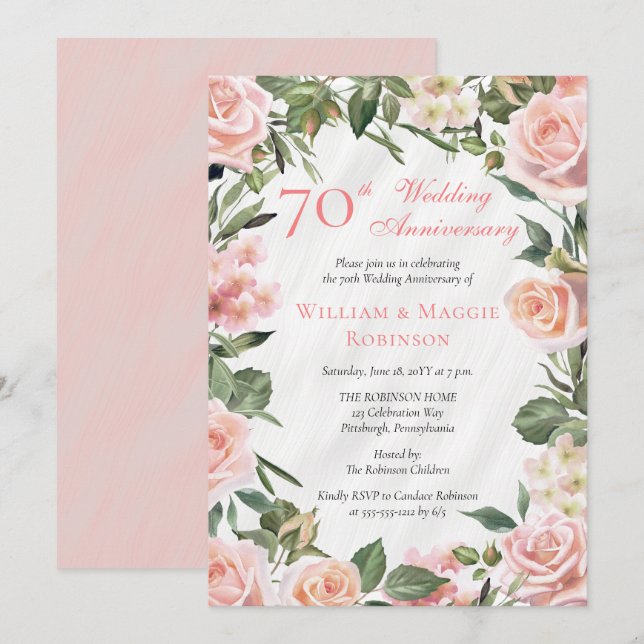 Elegant Rosa Blommigt 70:e Bröllop-årsdagen Party Inbjudningar (Fram/baksida)