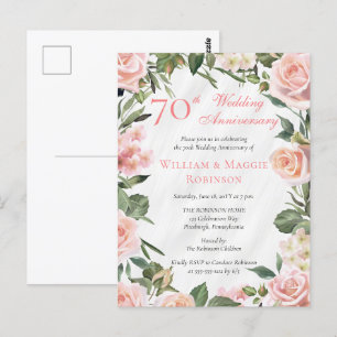 Elegant Rosa Blommigt 70:e Bröllop-årsdagen Party Vykort