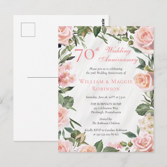 Elegant Rosa Blommigt 70:e Bröllop-årsdagen Party Vykort (Fram/baksida)