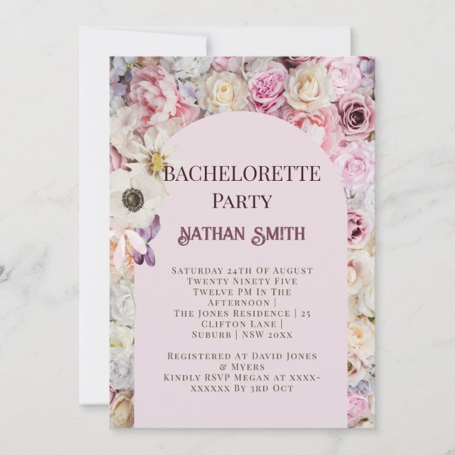 Elegant Rosa Blommigt Arch Summer Bachelorette Par Inbjudningar (Framsida)