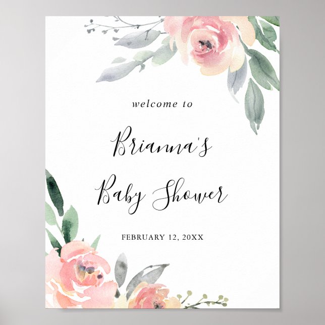 Elegant Rosa  Blommigt Baby Shower Välkommen Poster (Framsidan)