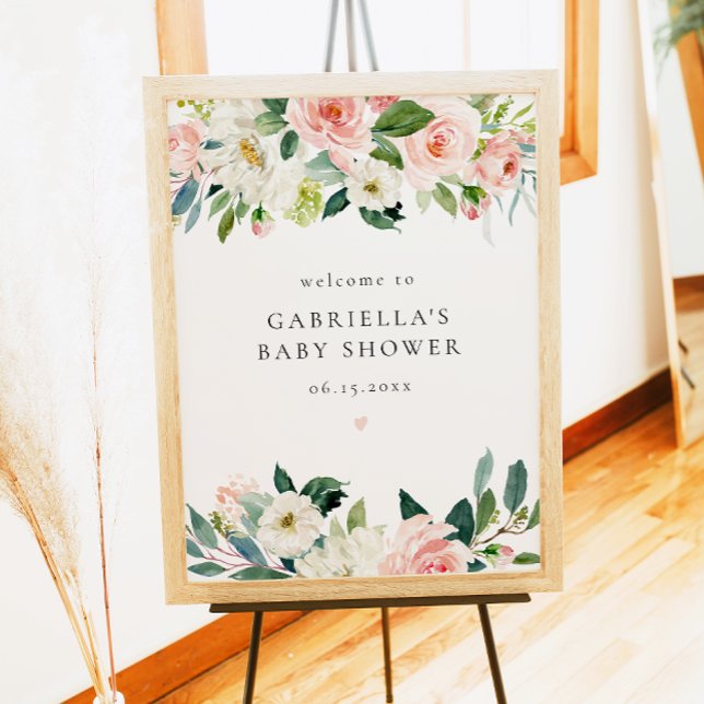 Elegant  Rosa Blommigt Baby Shower Välkomsthälsnin Poster (Skapare uppladdad)