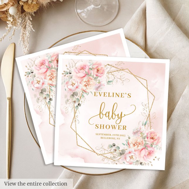 Elegant  rosa blommigt babydusch papper napkin pappersservett (Elegant blush pink floral baby shower paper napkin)