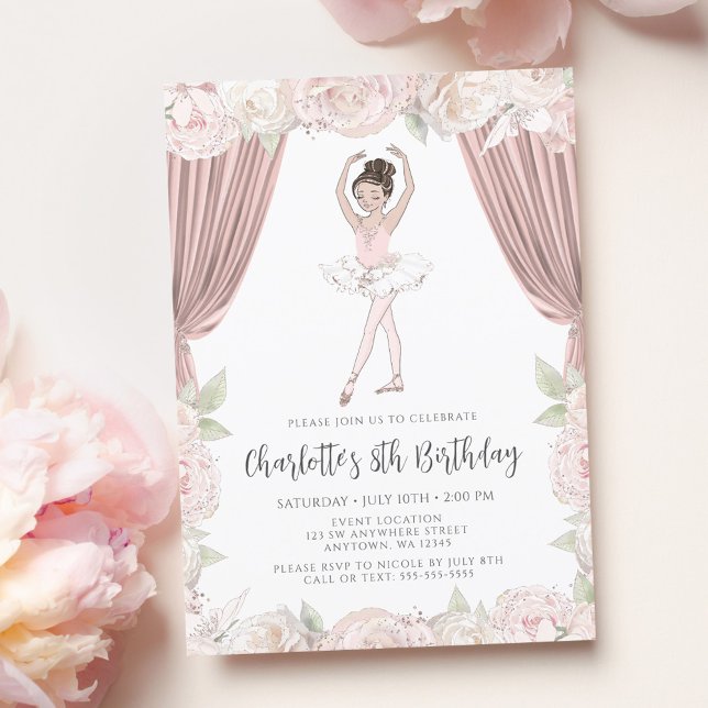 Elegant Rosa Blommigt Ballerina Brown Hair Birthda Inbjudningar (Skapare uppladdad)