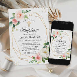 Elegant Rosa Blommigt Baptism & Christening Inbjudningar