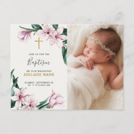 Elegant Rosa Blommigt Baptism Guld Kor Photo Vykort