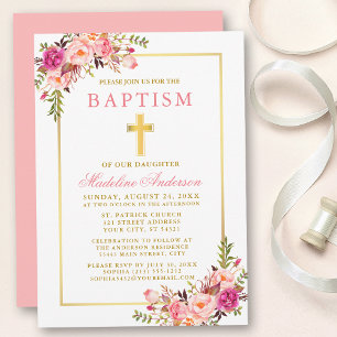 Elegant Rosa Blommigt Baptism Inbjudningar