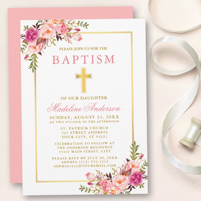 Elegant Rosa  Blommigt Baptism Inbjudningar (Customize to change text color, size, style or to change color of back of card.)