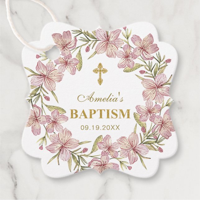 Elegant Rosa Blommigt Baptism Tack Gåvor Etiketter (Framsida)