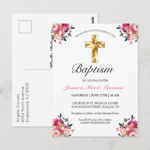 Elegant Rosa Blommigt Baptism - vykort för inbjudn
