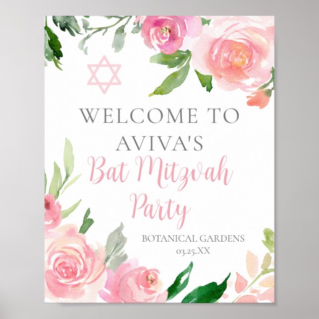 Elegant Rosa Blommigt Bat mitzvah Party Anpassning Poster (Framsidan)