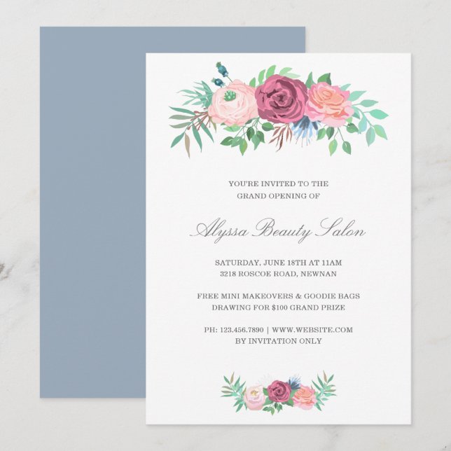 Elegant Rosa Blommigt Beauty Salon Grand Open Inbjudningar (Fram/baksida)