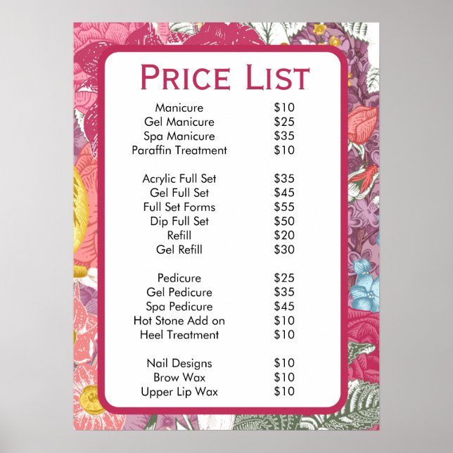 Elegant rosa Blommigt Beauty Salon Menu Poster (Framsidan)