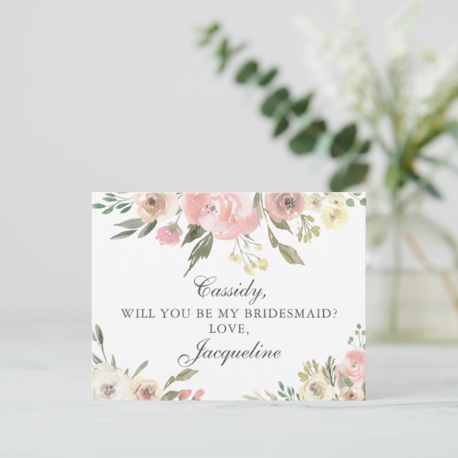 Elegant Rosa Blommigt blir du min bridesaid Vykort (Stående Fram)