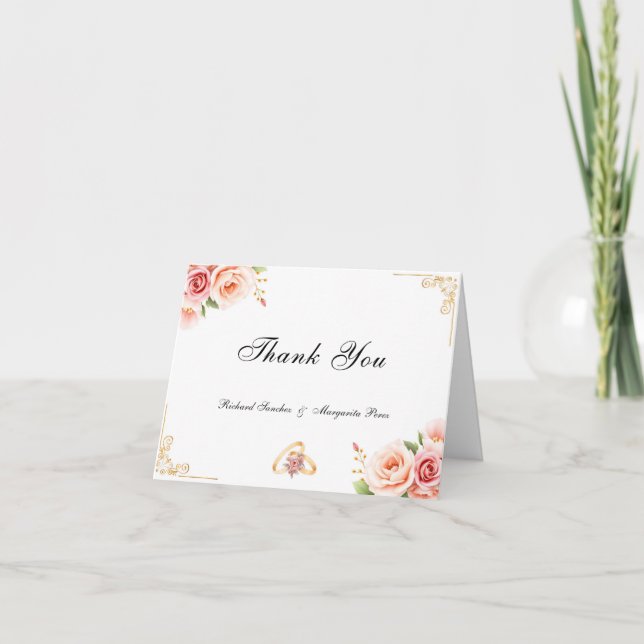 Elegant Rosa Blommigt Bröllop med Guld Gräns Tack Kort (Framsida)