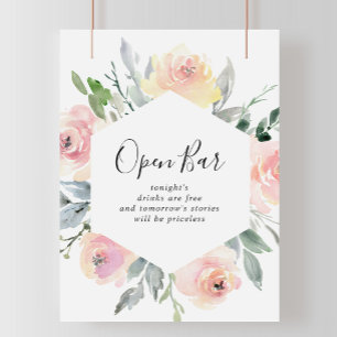 Elegant Rosa Blommigt Bröllop Open Pub-tecken Poster