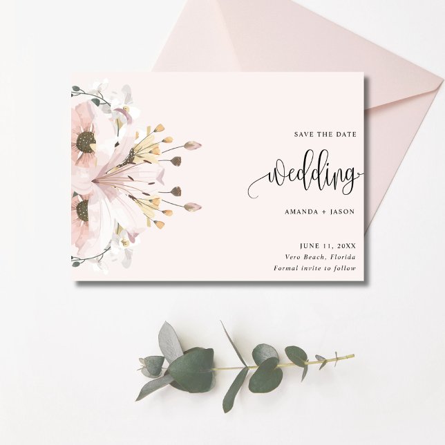 Elegant Rosa Blommigt Bröllop Photo Spara Datumet (Elegant Pink Floral Wedding Photo Save The Date)
