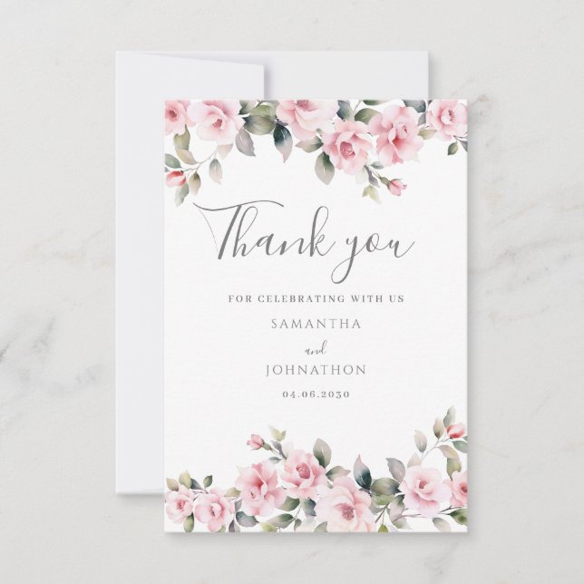 Elegant Rosa Blommigt Bröllop - platta tack-kort Tack Kort (Framsida)