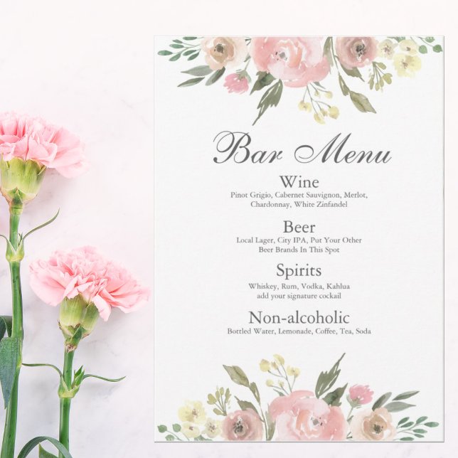 Elegant  Rosa Blommigt Bröllop Pub Drinks Menu (Skapare uppladdad)
