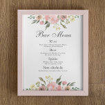 Elegant  Rosa Blommigt Bröllop Pub Menu Poster<br><div class="desc">En vacker meny för  rosa och elfenben blommigt pub för ditt vår- eller trädgårdsbröllop. Den här elegant-evenemanget är dekorerat med en romantisk bukett av vattenfärgade blommor gräns för klassrummen vin och öllista. Lägg till din namnteckning cocktail-beskrivning,  spritdrycker och alkoholfria val i listan.</div>