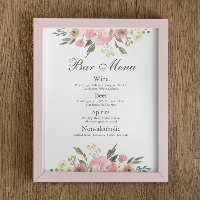 Elegant  Rosa Blommigt Bröllop Pub Menu Poster (Skapare uppladdad)