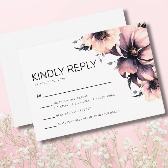 Elegant Rosa Blommigt Bröllop Reply OSA Tilläggskort (SimpleStylish Pink Black Floral Wedding Reply RSVP Enclosure Card)