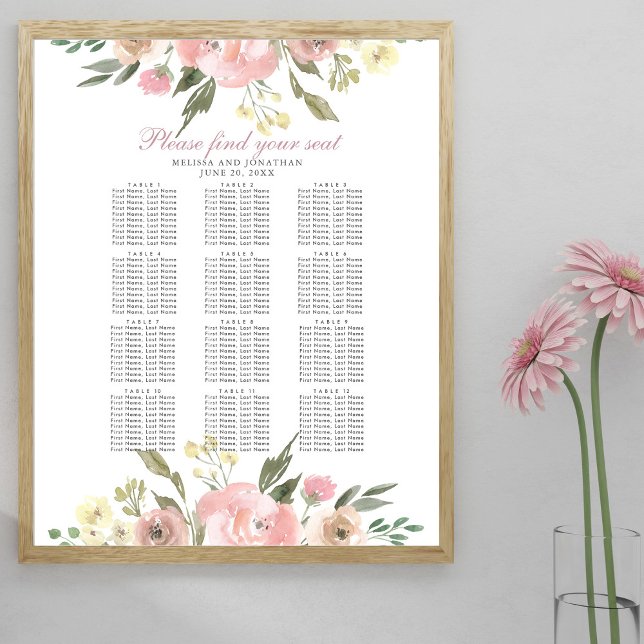 Elegant  Rosa Blommigt Bröllop Sittdiagram Poster (Skapare uppladdad)