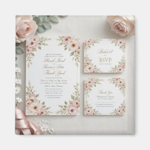 Elegant  Rosa Blommigt Bröllopsvit Inbjudan till   Magnet