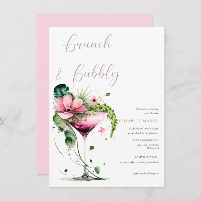 Elegant Rosa Blommigt Brunch & Bubly Möhippa Inbjudningar (Fram/baksida)