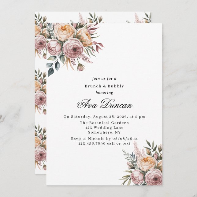 Elegant  Rosa Blommigt Brunch och Bubly Inbjudningar (Fram/baksida)