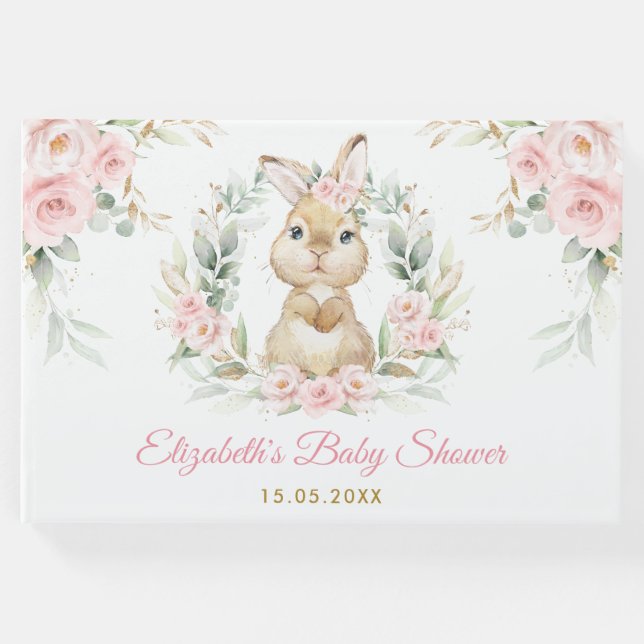 Elegant Rosa Blommigt Bunny Rabbit Girl Baby Showe Gästböcker (Framsida)