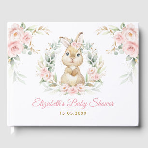 Elegant Rosa Blommigt Bunny Rabbit Girl Baby Showe Gästböcker