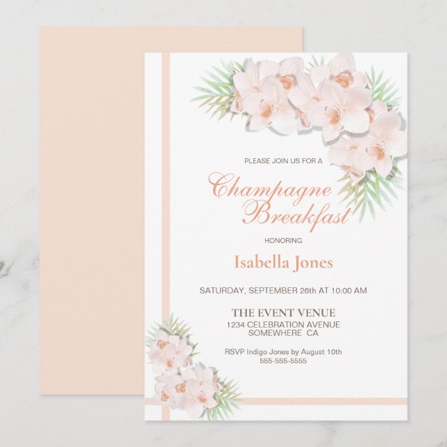 Elegant  Rosa Blommigt Champagne Breakfast Inbjudningar (Fram/baksida)