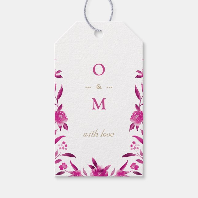 Elegant rosa blommigt Chinoiserie Bröllop monogram Presentetikett (Framsidan)
