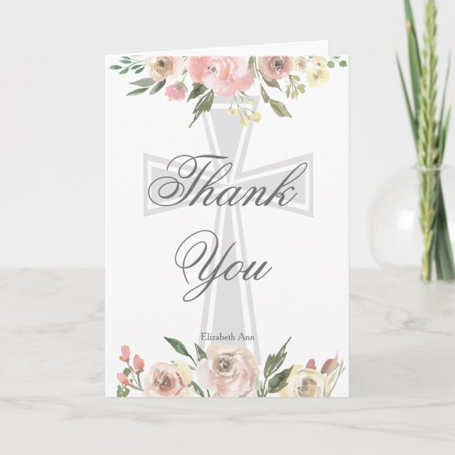 Elegant Rosa Blommigt Christian Confirmation Anpas Tack Kort (Framsida)