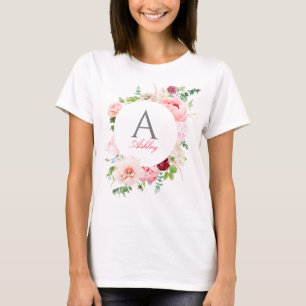 Elegant Rosa Blommigt Circle Ram Namn Monogram T Shirt