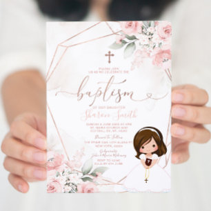Elegant Rosa Blommigt Cute Girl Christening Baptis Inbjudningar