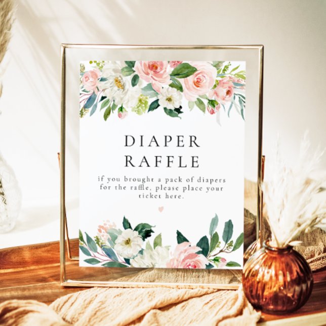 Elegant  Rosa Blommigt Diaper Raffle Baby Sign Poster (Skapare uppladdad)