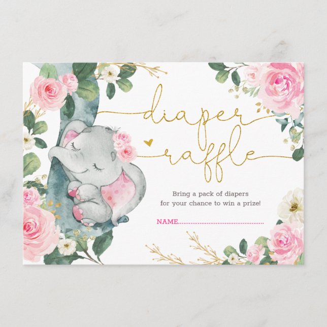 Elegant Rosa Blommigt Elephant Shower Diaper Raffl Tilläggskort (Framsida)