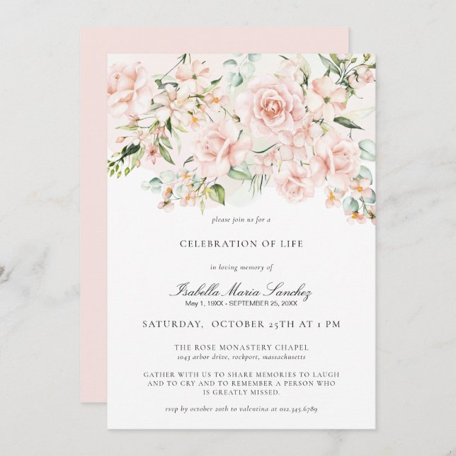Elegant Rosa Blommigt Firande of Life Funeral Inbjudningar (Fram/baksida)