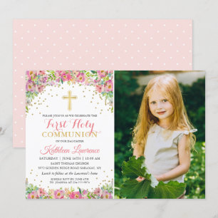 Elegant Rosa Blommigt First Heliga Communion Photo Inbjudningar