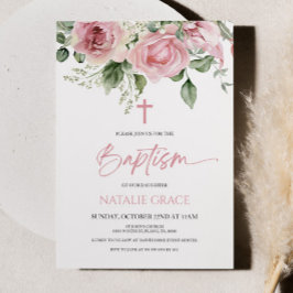 Elegant Rosa Blommigt Flowers Grönt Löv Baptism Inbjudningar