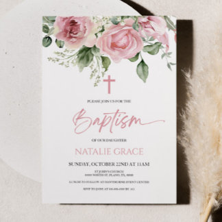 Elegant Rosa Blommigt Flowers Grönt Löv Baptism Inbjudningar