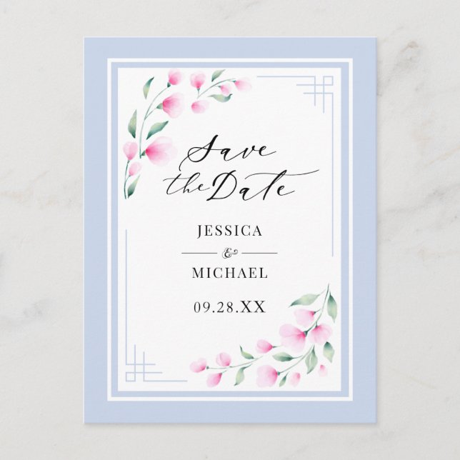 Elegant Rosa Blommigt för blå vattenfärg Spara dat Inbjudan Vykort (Framsida)