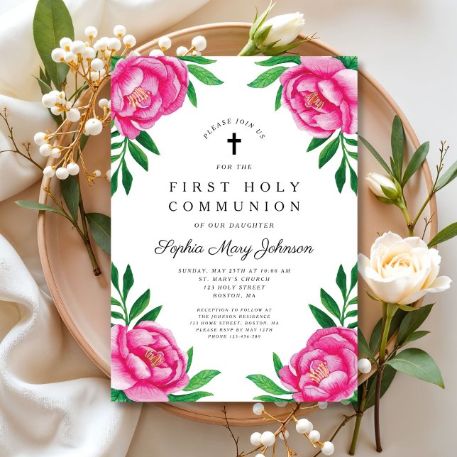 Elegant Rosa Blommigt Första kommissionen Inbjudningar (Elegant Pink Floral First Communion Invitation)
