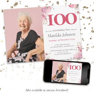 Elegant Rosa Blommigt Foto 100:e Födelsedagsfesten Inbjudningar